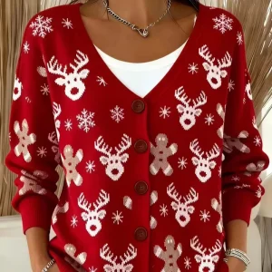 Autumn Women’s Casual Red V Neck Shrug Sweater Christmas Reindeer Jacquard Oversized Knitted 3D Printed ODM Customized Logo