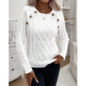 Autumn Women’s Casual Solid Color Round Neck Breathable Elegant 100% Polyester Thin Button Lightweight Sweater