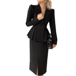 Autumn Women’s Casual Solid Color Waist Slim Hip Suit Long Sleeves Skirt Set Polyester Suit Lapel