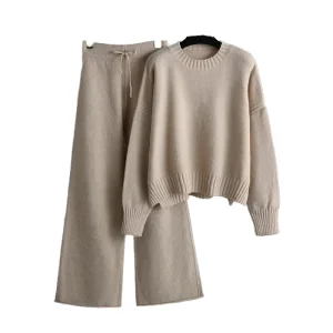 Autumn Women’s Casual Solid Pattern Two Piece Sweater Set Loose Fit Pullover Knitwear