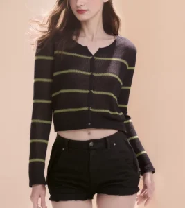 Autumn Women’s Casual Striped Design Long Sleeve Button Embroidered Flat Knitted Sweater Knit Cardigan