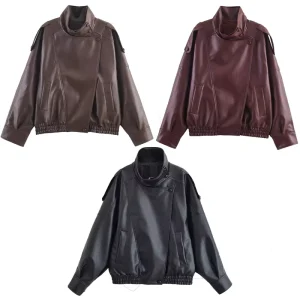 Autumn Women’s Clothing New Fashion Leather Jacket Coat Retro Casual Slim Long Sleeve Stand Collar Women’s Jacket