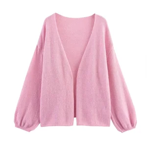 Autumn Women’s Clothing New Fashion Solid Color Knitted Cardigan Jacket Retro V neck Long sleeved Female Tops