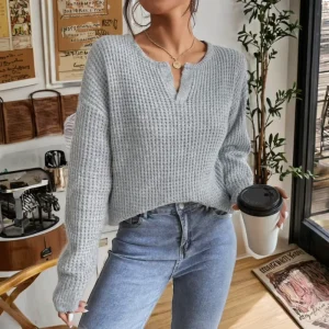 Autumn Women’s Comfortable Casual V Neck Solid Color Long Sleeved Elegant Pullover Breathable