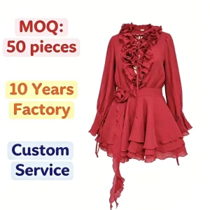 Autumn Women’s Fashionable Chiffon Dress Loose Ruffled French Lantern Sleeves Manufacturer China