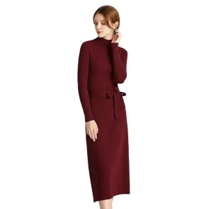 Autumn Women’s New High Temperature Stereotyped Mid-Length Knitted Dress Casual All-Match Belt Pullover Round Neck Dress