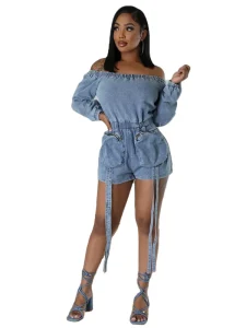 Autumn Women’s One Shoulder Zipper Pocket Jumpsuit Long Sleeve Denim Jumpsuit Sexy Washable Short Elastic Waist Jumpsuit