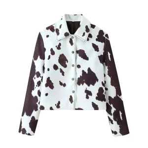 Autumn Women’s Retro Casual Temperament Printed Lapel Long-sleeved Fashion Jacket 7030