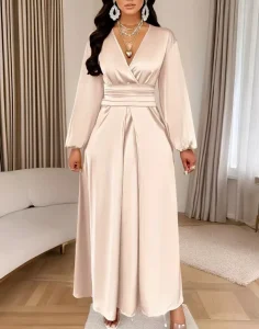 Autumn Women’s Solid Color Satin Dress Deep V Neck Long Sleeve Casual Party Long Dress