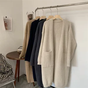 Autumn Women’s Thick Knitted Sweater Cardigan OEM Factory Long sleeved Loose Large Size Casual Long Basic Sweater