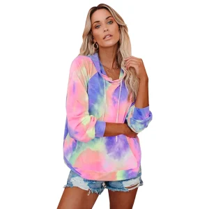 Autumn Women’s Tie Dye Pullover Hoodie Casual Sweatshirts with Custom Print Warm Soft Pocket Patchwork