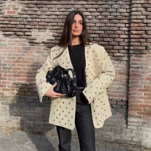 Autumn Women’s V Neck Long-Sleeved Blazers European American Style Rivet Decorations Cross-Border Export Suit