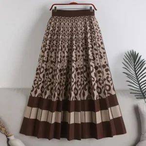 Autumn and Winter Elastic High Waist Leopard Knitted Medium and Long A line Large Swing Women’s Skirts