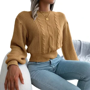 Autumn and Winter European and American Casual 3D Flowers Twist Lantern Sleeve Waist Knitted Sweater Women’s Pullover
