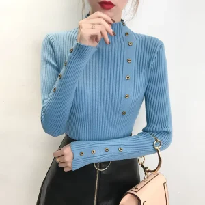 Autumn and Winter Fashion Women’s Long Sleeve Tight Elastic Casual Sweater Pullover Women’s Knitted Shirt One Size