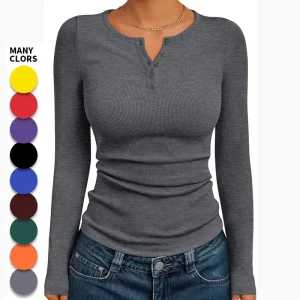 Autumn and Winter Henry Collar Women’s Button-fitted Knitted Elastic Shirt Top Long Sleeve Custom T-shirts