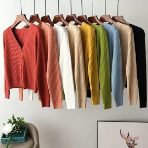 Autumn and Winter Korean Style Women’s Short Cardigan Sweaters V Neck Long Sleeve Women Thin Knitted Jacket Sweater
