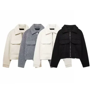 Autumn and Winter New Fashion Women’s Short Jacket Coat Long Sleeve Overcoat Warm Pocket Zipper Lapel Woven Loose Casual Outwear