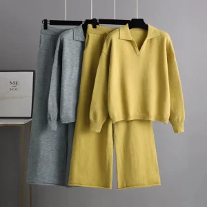 Autumn and Winter New Knitted Loose Polo Collar Sweater Wide Leg Pants Temperament Women’s Set