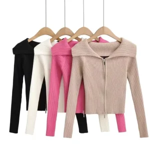 Autumn and Winter New Women’s Double Zipper Knit Cardigan Sweater