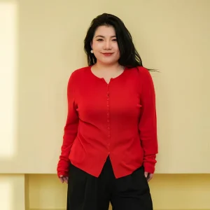 Autumn and Winter Red Pullover Waist Cinching Fit Wool Blend Knit Plus Size Women’s Sweater