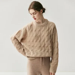 Autumn and Winter Round Neck Cashmere Sweater for Women Heavyweight Cable Knit Base Shirt Long Sleeve Pullover