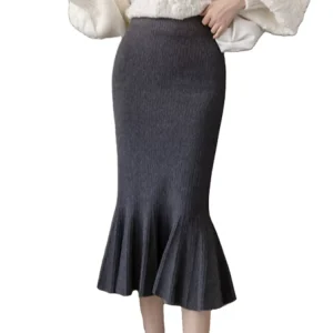 Autumn and Winter Solid Color Mid length High waisted Skirt Knitted Elastic Tight fitting Sexy Package Hip Fishtail Skirt