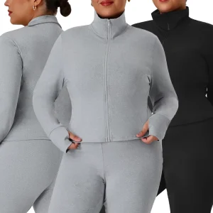 Autumn and Winter Warm Windproof Women’s Plus Size Clothing Zipper Stand Collar and Thumb Holes Design Sport Jacket