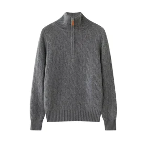 Autumn and Winter Women’s Thickened Cashmere Sweater with Half Zip High Collar Twisted Pattern Loose Knit Sweater
