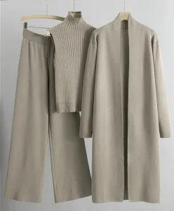 Autumn winter Women’s Relaxed Style Knitted Set Sleeveless Pullover Sweater Cardigan Pants Three piece Set