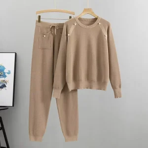 B41015 Beaded Knit Sweater Pants Chic Women’s Two Piece Set