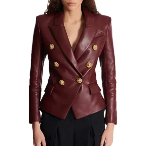 BA2379 New Spring Fashion Women’s Double Breasted Button Suit Blazer Ensemble Windproof Slim Fit High Quality PU Jacket