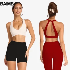 BAIME Women’s Yoga Set with Padded Sports Bra High-Waisted Shorts and Leggings Seamless Gym Workout Set