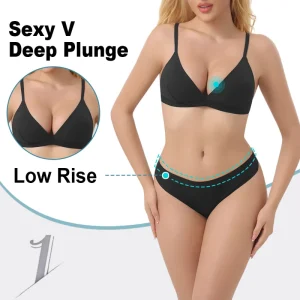 BR15 DD03 Women’s Invisible Wirefree Triangle Sexy Deep Plunge Soft Cup Back Closure Bralette Thong Underwear Set