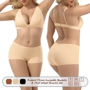 BR16+ZP04 Women’s Invisible Wirefree Triangle Sexy Deep Plunge Soft Cup Back Closure Ribbed Micro Bralette Shorts Underwear Set