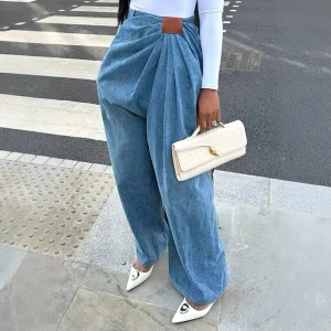 BR6292 New Women’s Loose Denim High Waist Wide Leg Street Drape Washed Jeans