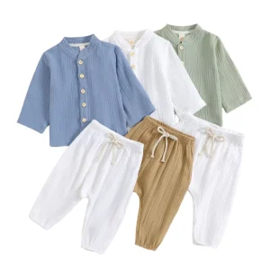 Baby Girls 100% Cotton Muslin Set Long Sleeve Button Top & Elastic Pants Soft Breathable 2pc Outfit