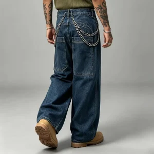Back Patch Pocket Baggy Jeans Dark Wash Denim Pants Chain Detail Contrast Stitching Custom Denim Supplier