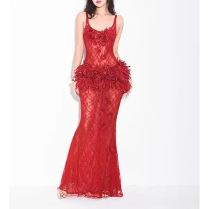 Backless Floral Lace Long Dress with Fashionable Decoration Camisole Slim Fit Fish Tail Dress Women’s Clothing