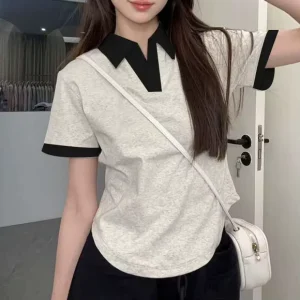 Baddie Style Color Block Women’s Polo Shirt Small V-Neck Regular Shoulder Niche Design Summer New Top
