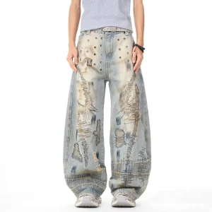 Baggy Jeans Heavyweight Mud Wash Wide Leg Denim Pants Mens Embroidery High Street Ripped Destroyed Trousers