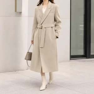 Beige Belted Regular Down Coat Women Thick Polyester Loose Fit Single Breasted O-Neck Casual Winter Coat