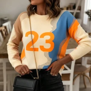 Beige Blue Letter Print Breathable 100% Polyester Women’s Autumn Casual Knitted Sweater for Party Street Fashion Jumper