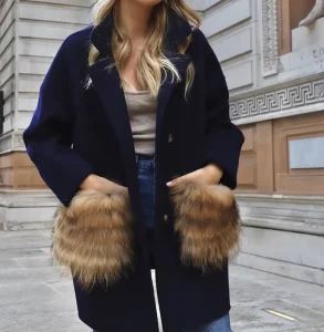 Beige Trench Woolen Coats Women Real Cashmere Wool Coat With Fox Fur Pockets