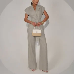 Belted Khaki Sleeveless Blazer And Elastic Waist Wide Leg Trouser Pants Two Piece Clothing Summer Women’s Office Suit Set