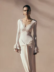 Bettergirl New Sexy V neck Lace Long Dress Tight White Long Sleeve Party Casual Dress