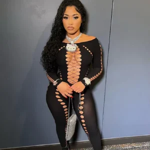 Black Cutout Mesh Jumpsuit Women’s Off Shoulder Long Sleeve Sheer Bodycon Catsuit Sexy See Through Clubwear Romper