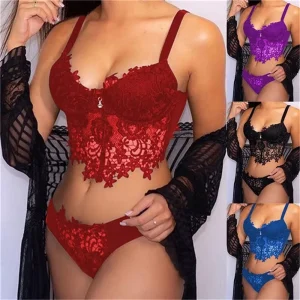 Black Embroidered Lace Bralette Panties Set for Women Sexy Two Piece Lingerie with Embroidery Decoration Logo Waist