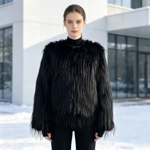 Black Fringed Warm Coat Custom Made Women’s Round Neck Loose Fitting Fashionable Coat