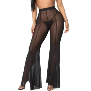 Black Full Stretch Bell Bottom Leg Elastic Waistband Sheer High Rise Hot Soul Mesh Netting Cover up Wide Leg Pants Women